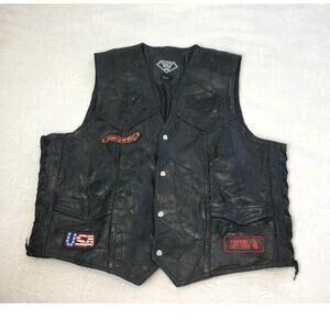 Diamond Plate Buffalo Leather Leather Vest with patches Mens 3XL